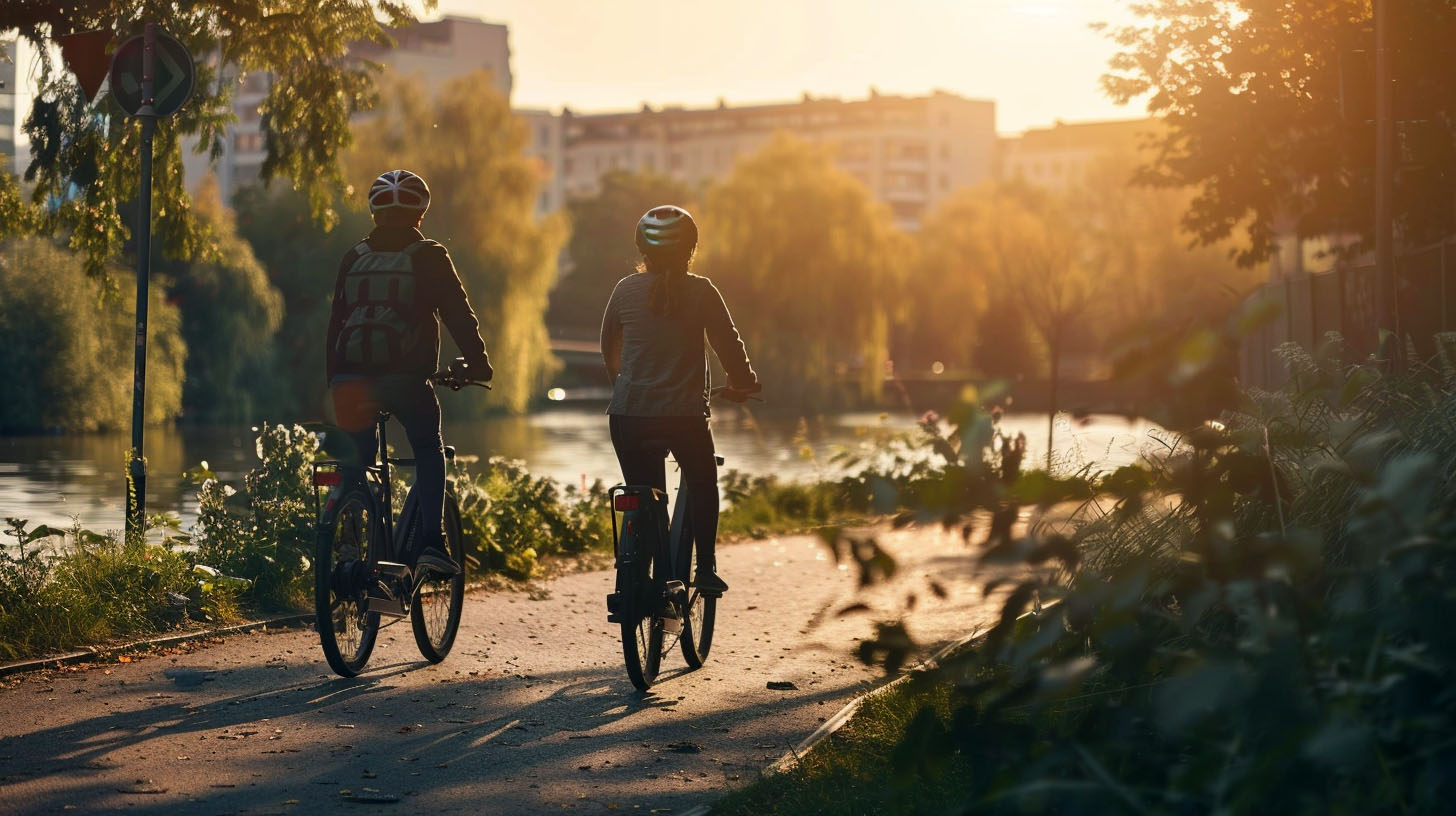 Biking along a path next to a river